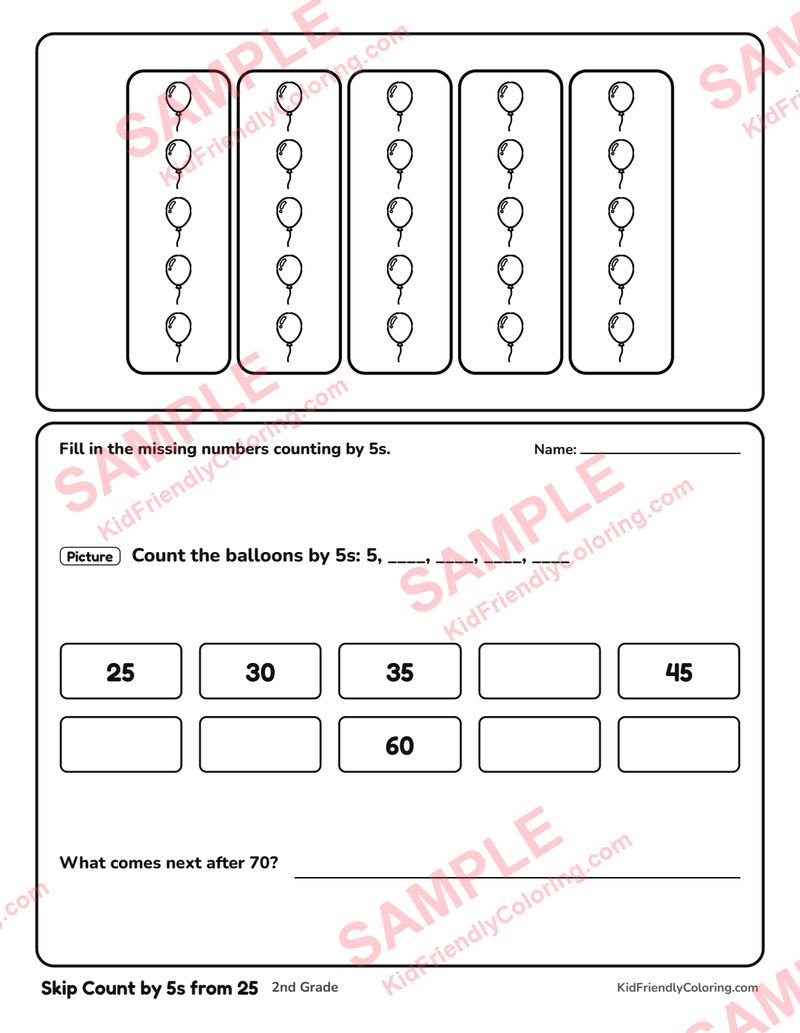 Skip Count by 5s from 25 coloring page preview