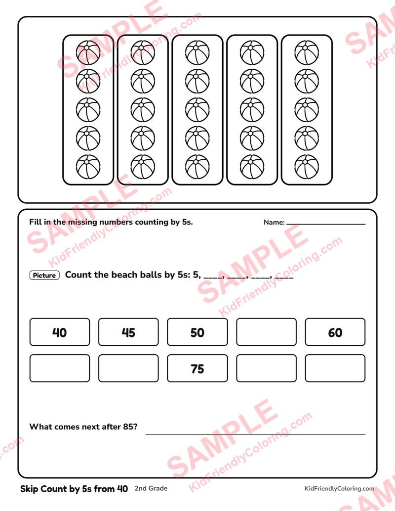 Skip Count by 5s from 40 coloring page preview
