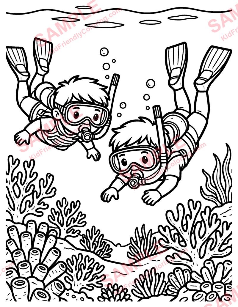 Snorkeling Kids coloring page preview