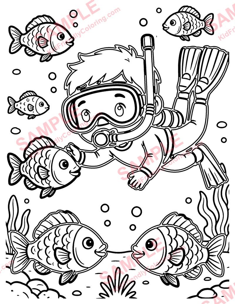 Snorkeling coloring page preview