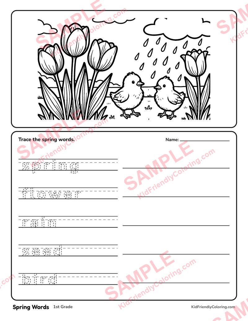 Spring Words coloring page preview