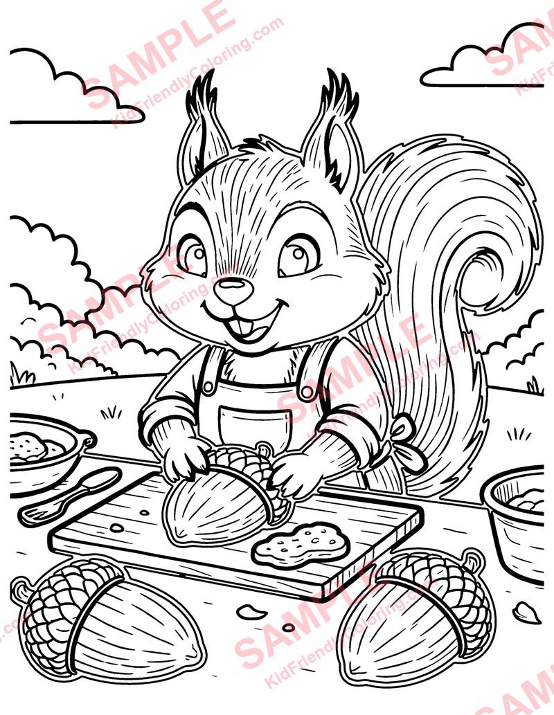 Squirrel Bakes Cookies coloring page preview