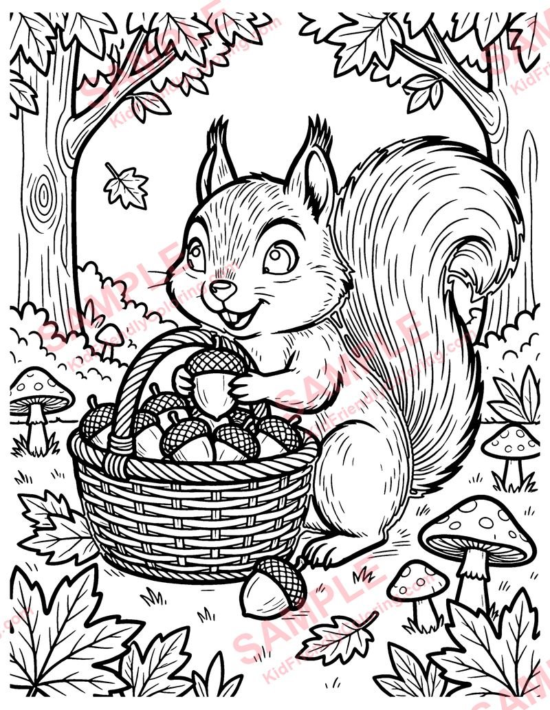 Squirrel Gathers Acorns coloring page preview
