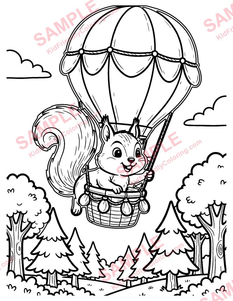 Squirrel Hot Air Balloon coloring page preview