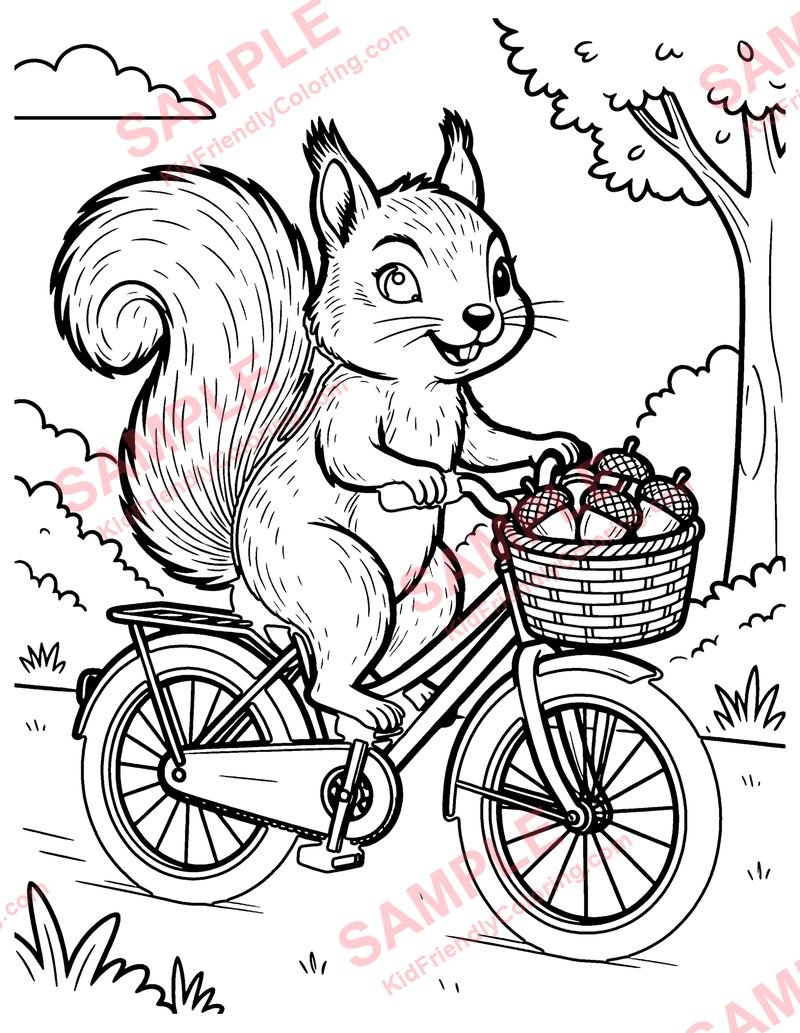 Squirrel on a Bicycle coloring page preview