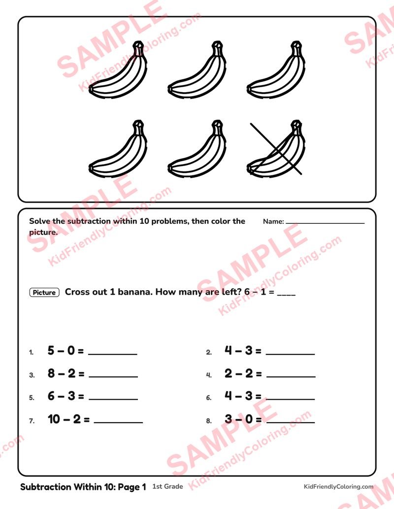 Subtraction Within 10: Page 1 coloring page preview