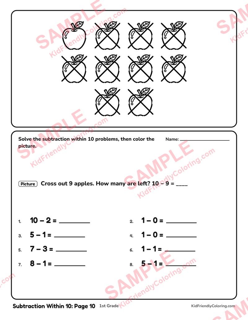 Subtraction Within 10: Page 10 coloring page preview