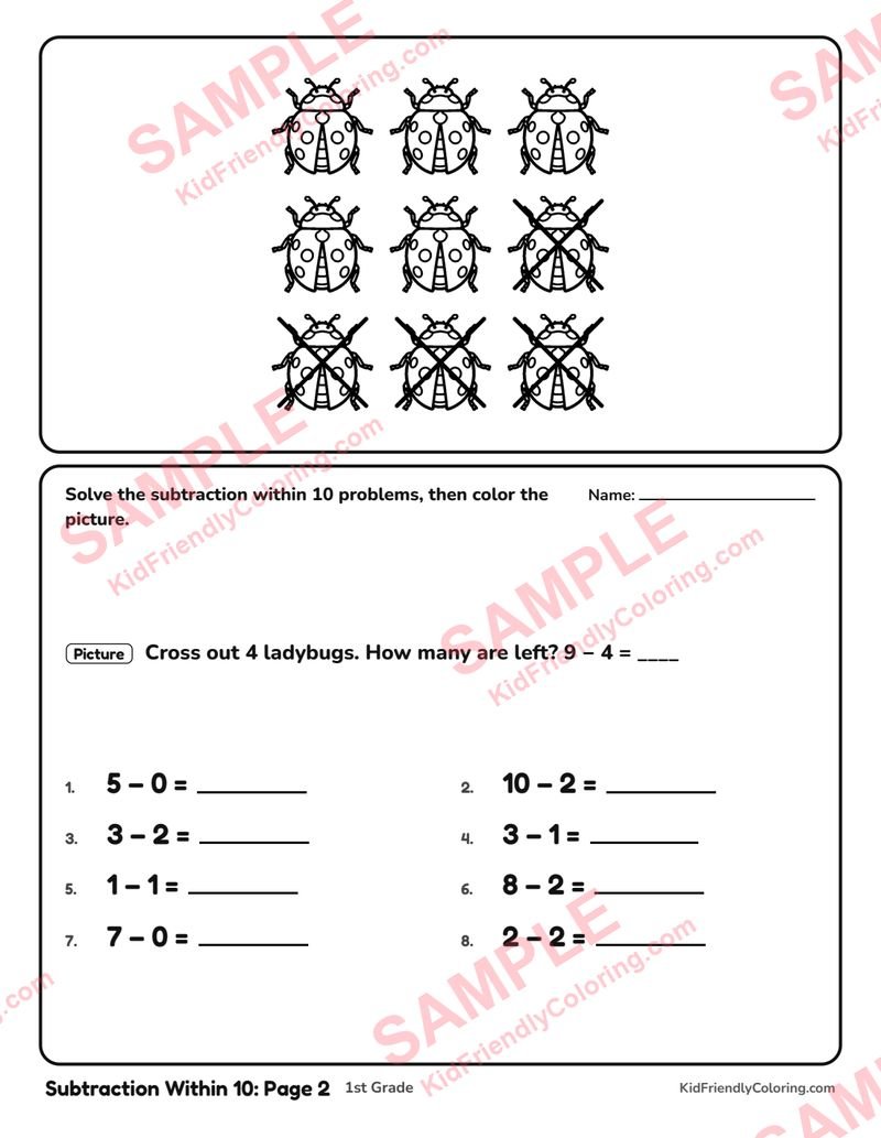 Subtraction Within 10: Page 2 coloring page preview