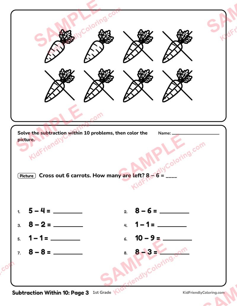 Subtraction Within 10: Page 3 coloring page preview
