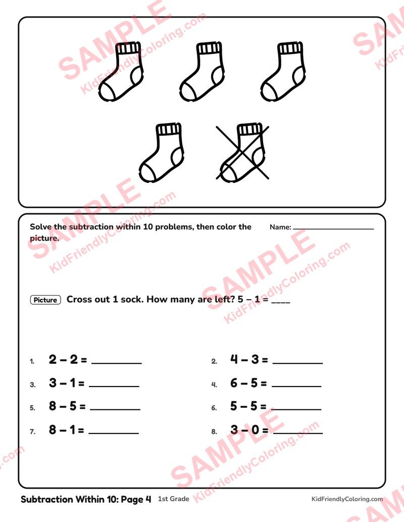 Subtraction Within 10: Page 4 coloring page preview