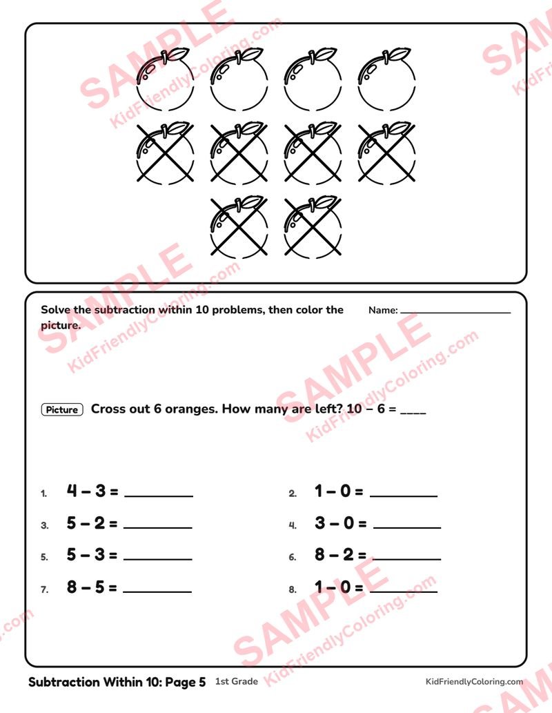 Subtraction Within 10: Page 5 coloring page preview