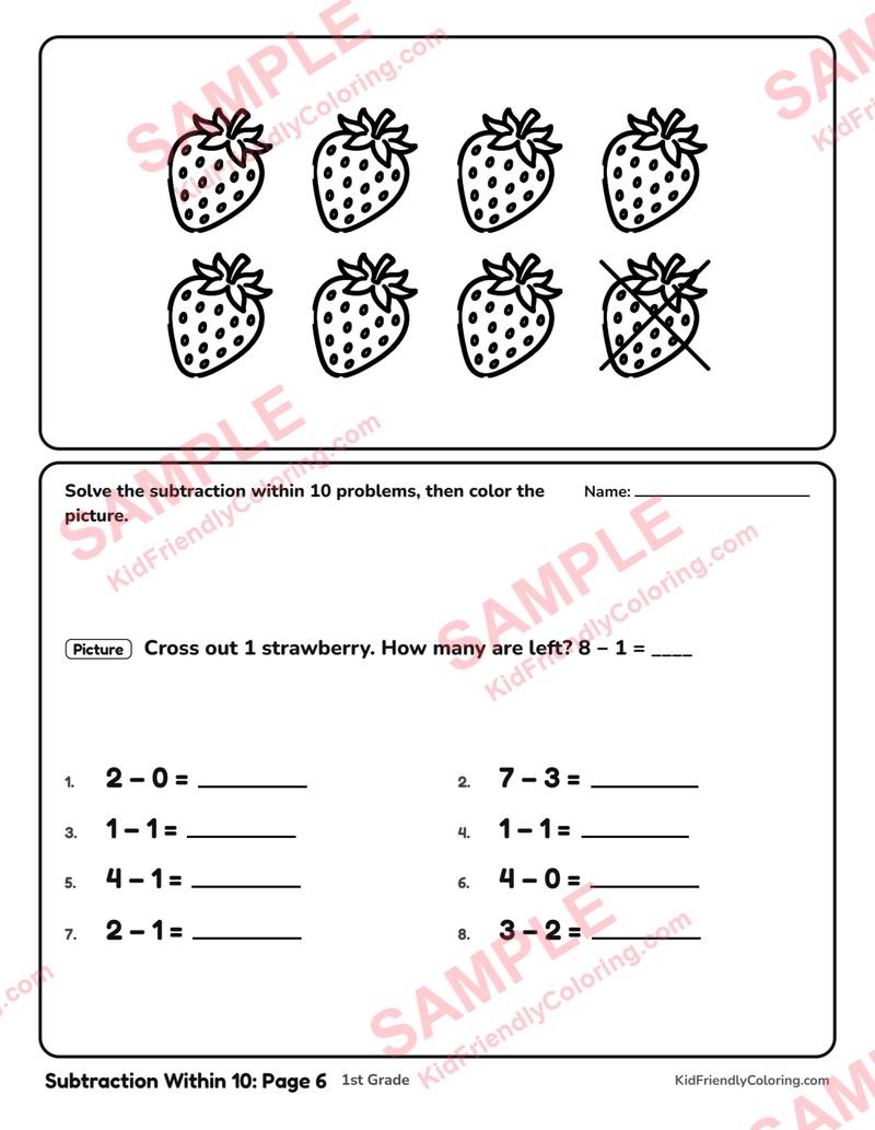 Subtraction Within 10: Page 6 coloring page preview