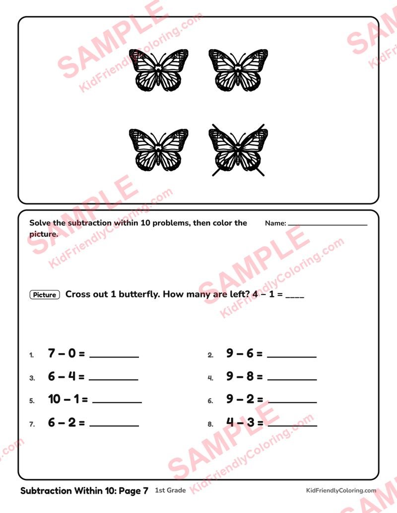 Subtraction Within 10: Page 7 coloring page preview