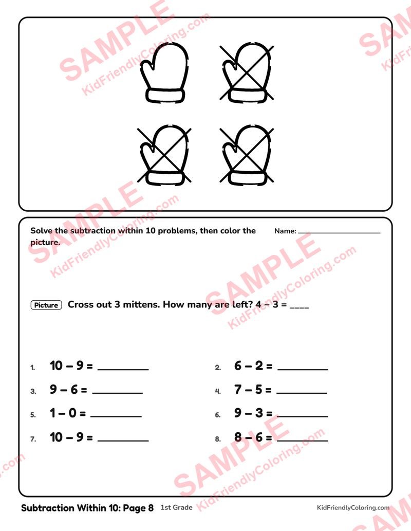 Subtraction Within 10: Page 8 coloring page preview