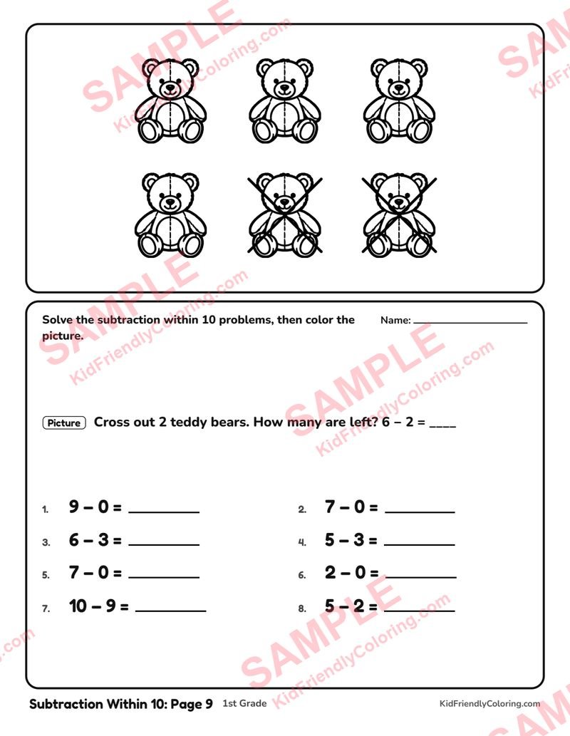 Subtraction Within 10: Page 9 coloring page preview