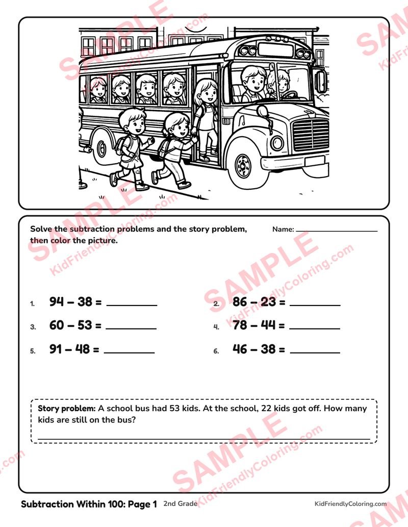 Subtraction Within 100: Page 1 coloring page preview