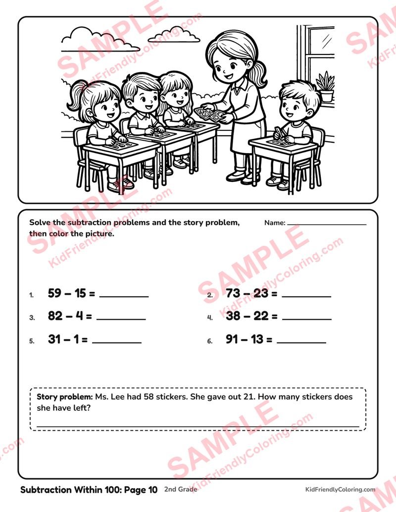 Subtraction Within 100: Page 10 coloring page preview