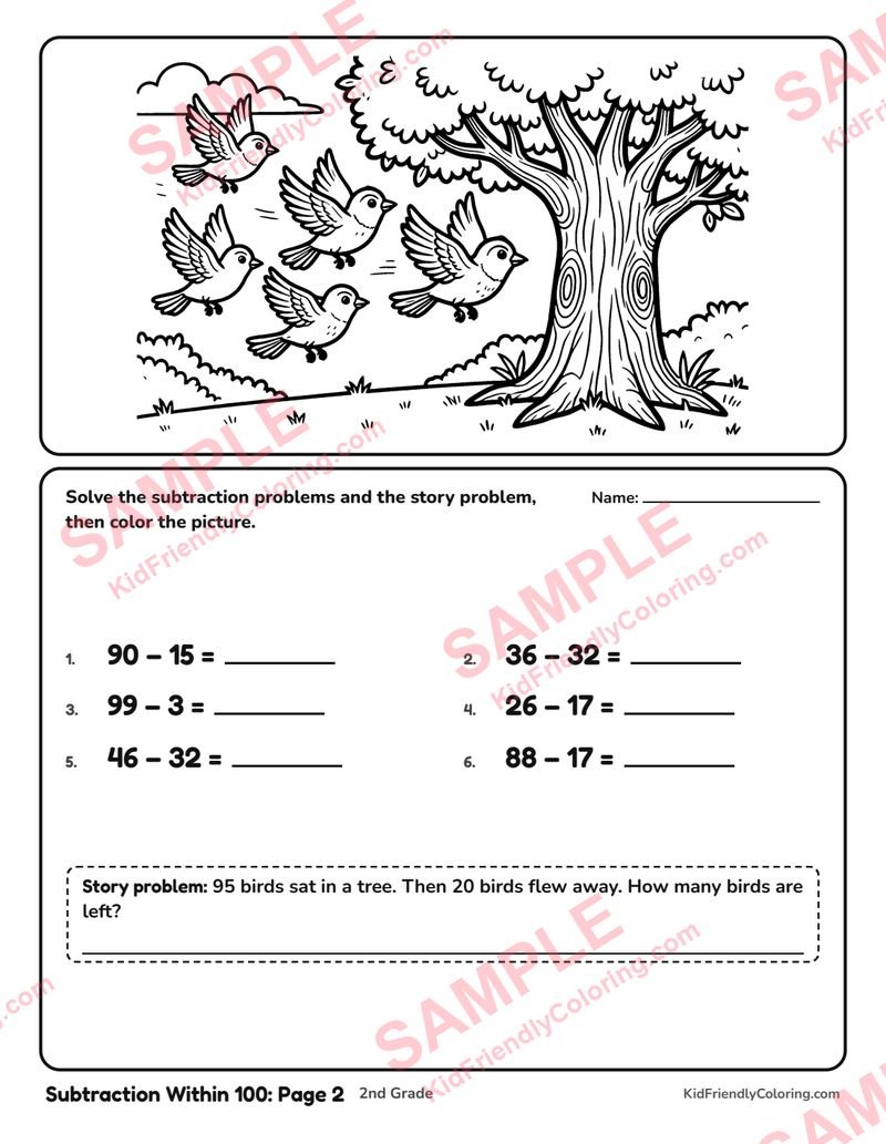 Subtraction Within 100: Page 2 coloring page preview