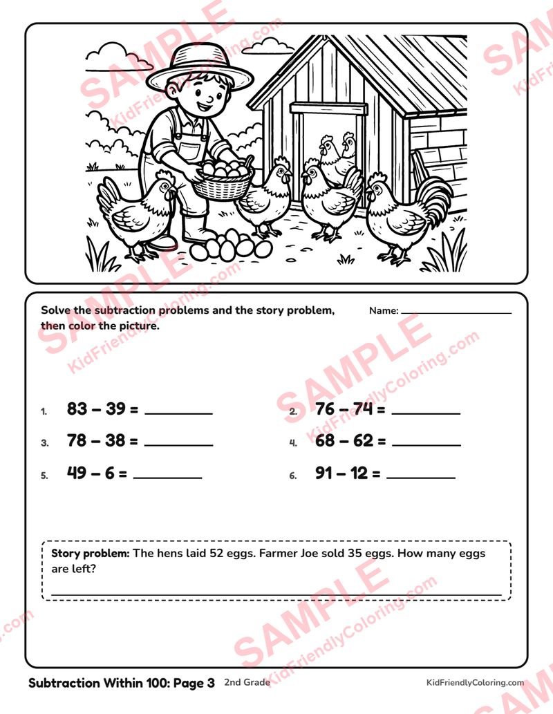 Subtraction Within 100: Page 3 coloring page preview