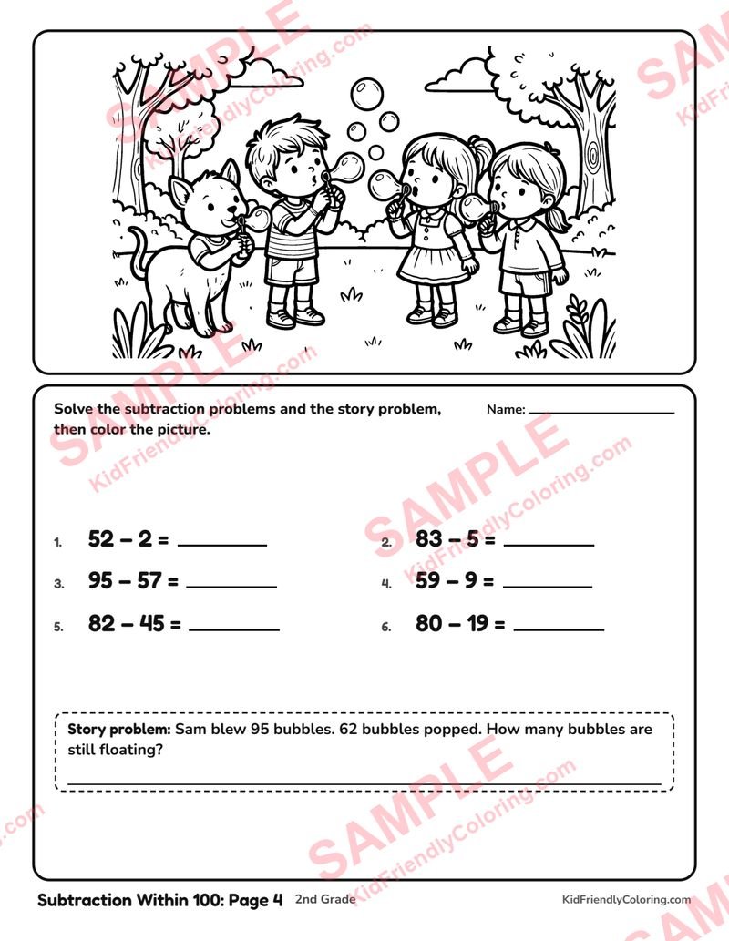Subtraction Within 100: Page 4 coloring page preview