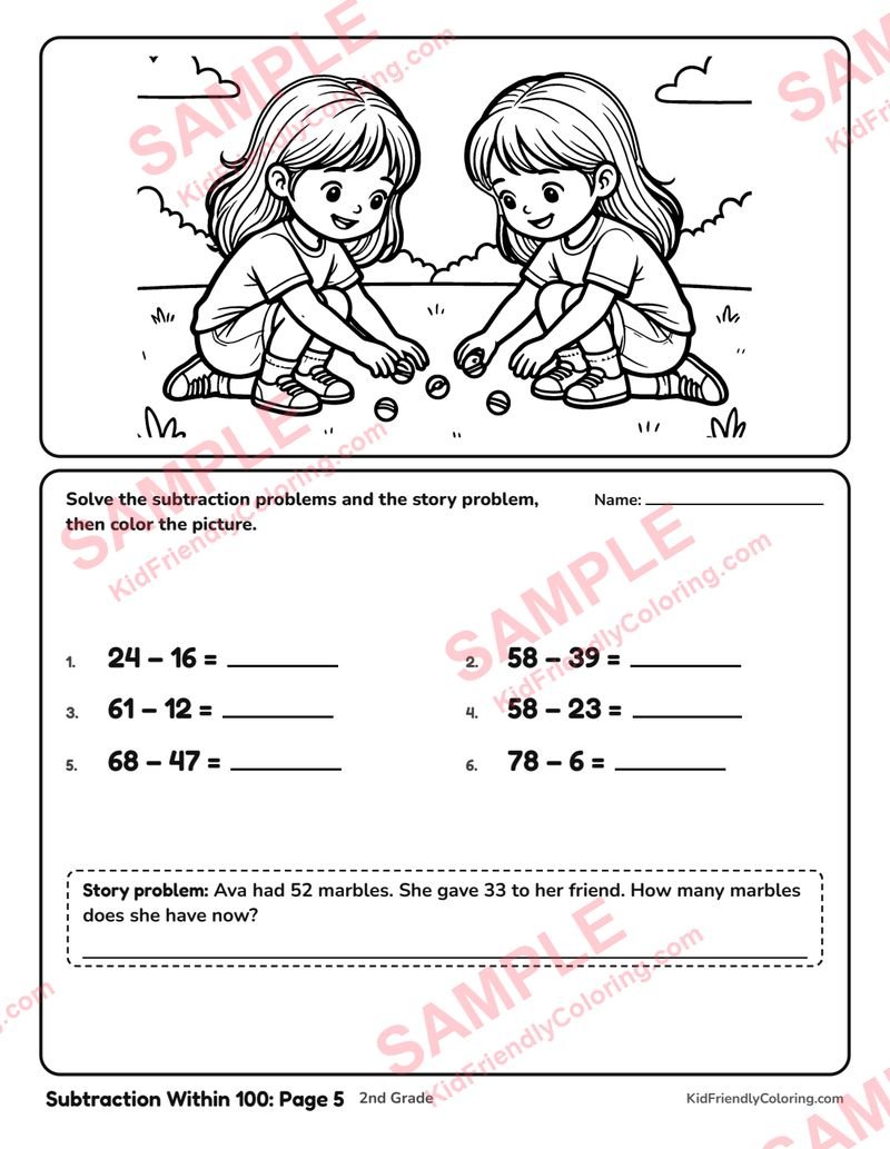 Subtraction Within 100: Page 5 coloring page preview