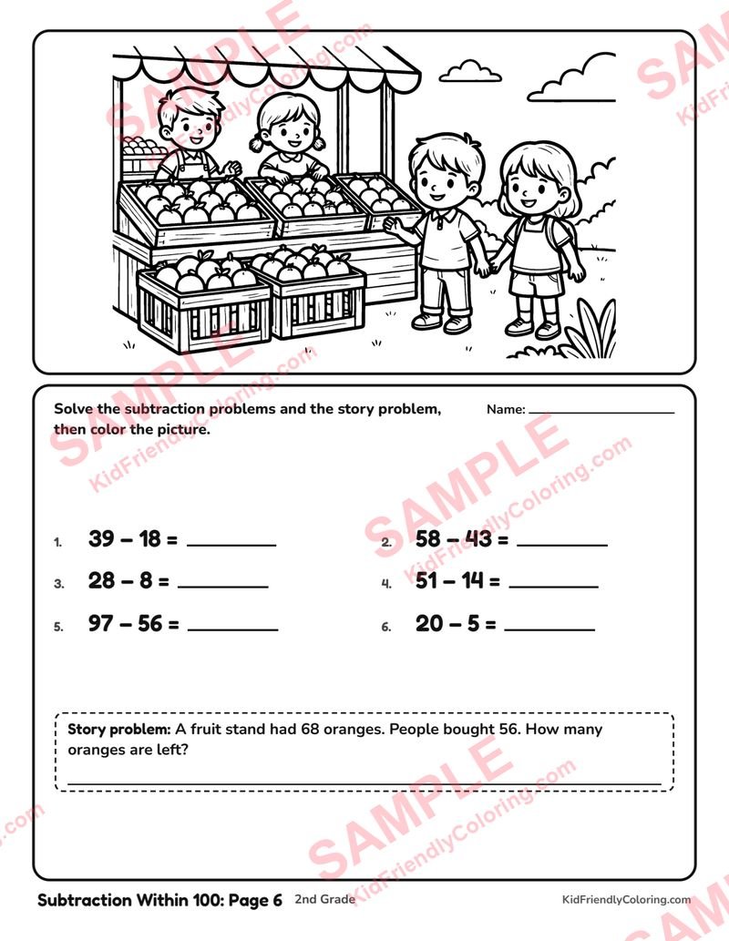Subtraction Within 100: Page 6 coloring page preview