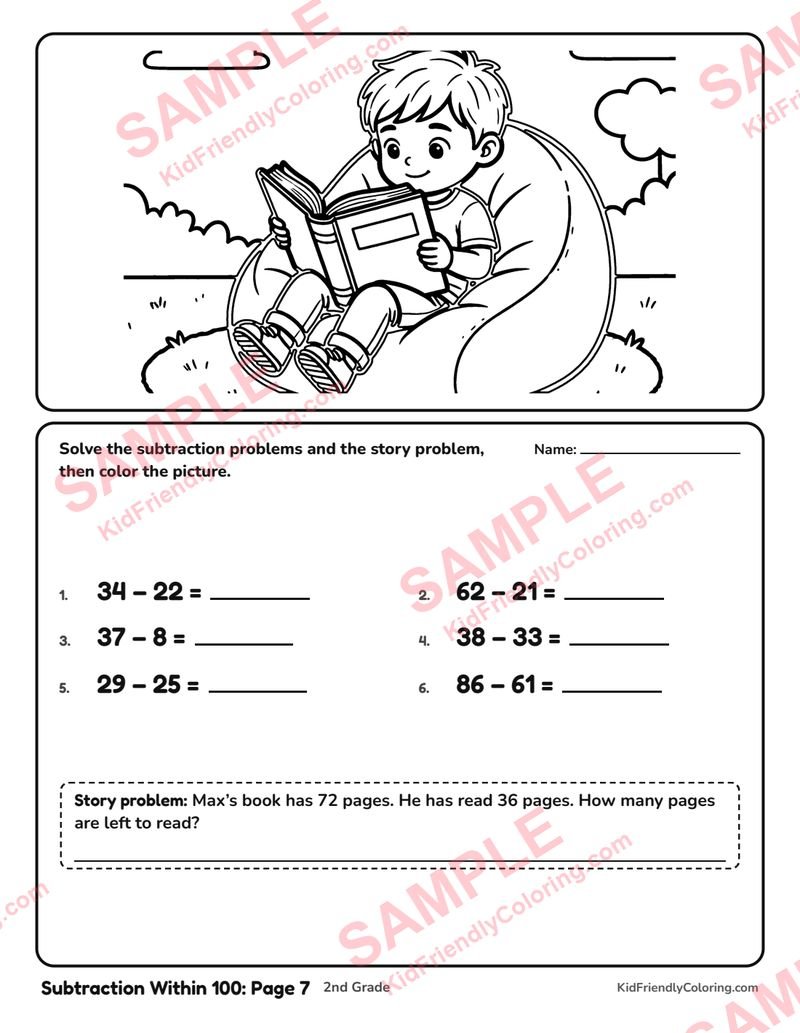Subtraction Within 100: Page 7 coloring page preview