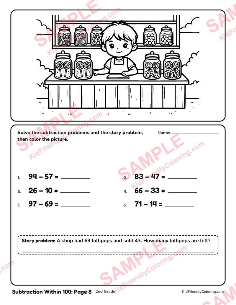 Subtraction Within 100: Page 8 coloring page preview