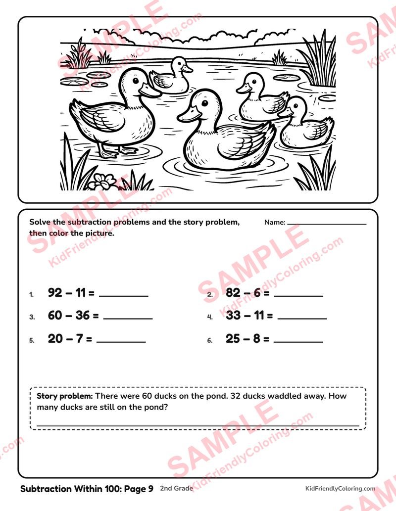 Subtraction Within 100: Page 9 coloring page preview