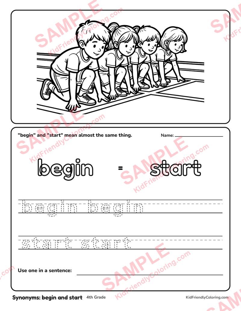 Synonyms: begin and start coloring page preview