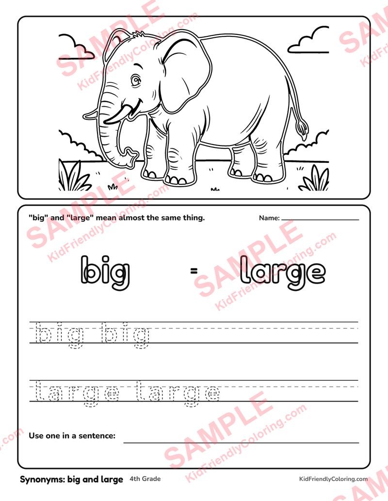 Synonyms: big and large coloring page preview