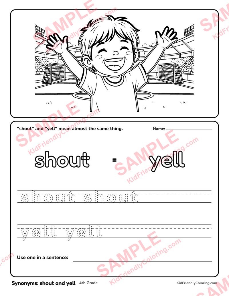 Synonyms: shout and yell coloring page preview