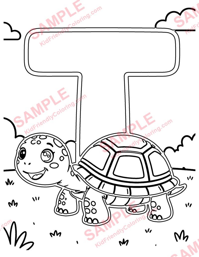 T Is for Turtle coloring page preview