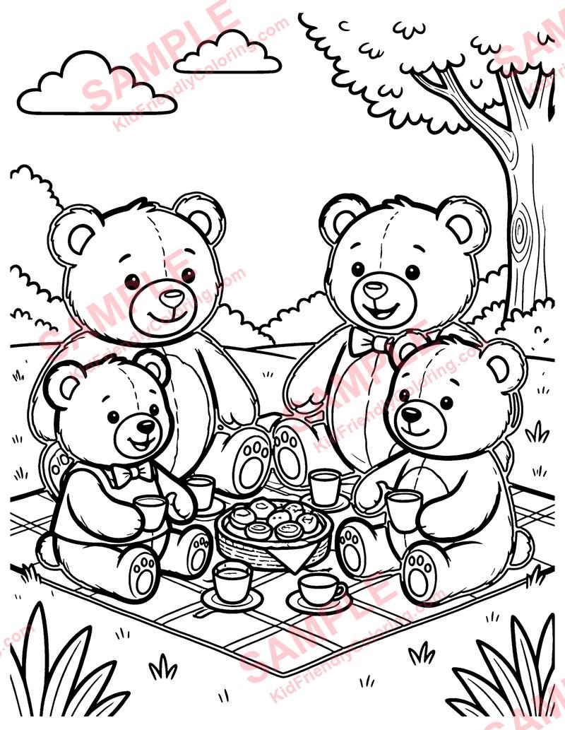 Teddy Picnic coloring page preview