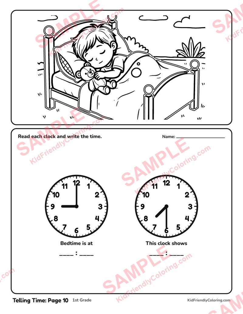 Telling Time: Page 10 coloring page preview