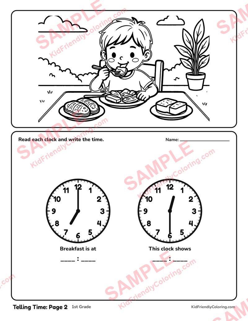 Telling Time: Page 2 coloring page preview