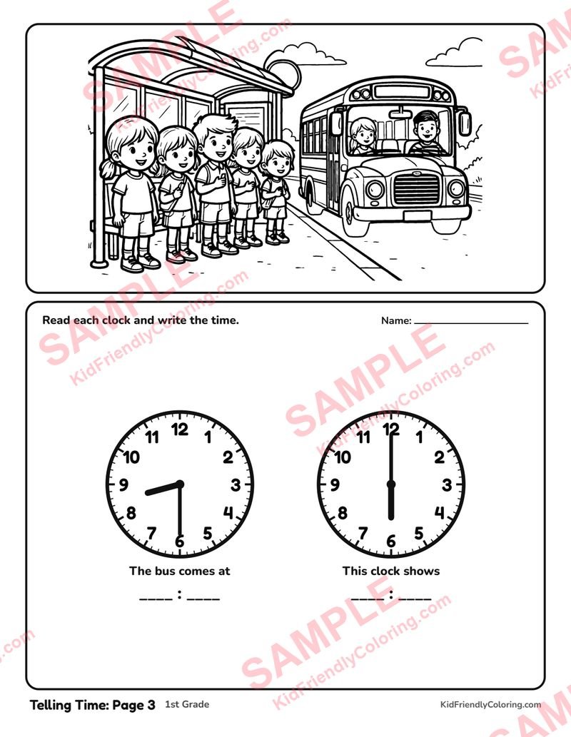 Telling Time: Page 3 coloring page preview