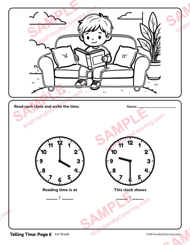 Telling Time: Page 6 coloring page preview