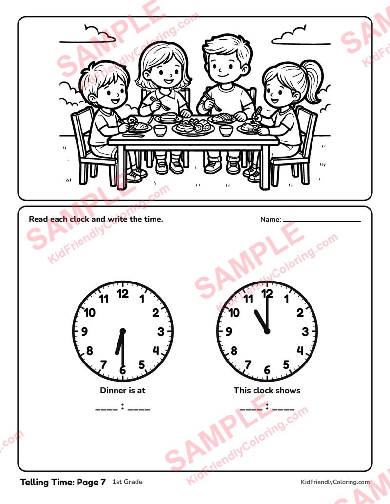 Telling Time: Page 7 coloring page preview