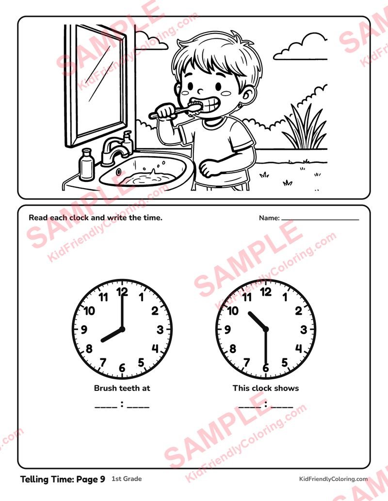 Telling Time: Page 9 coloring page preview
