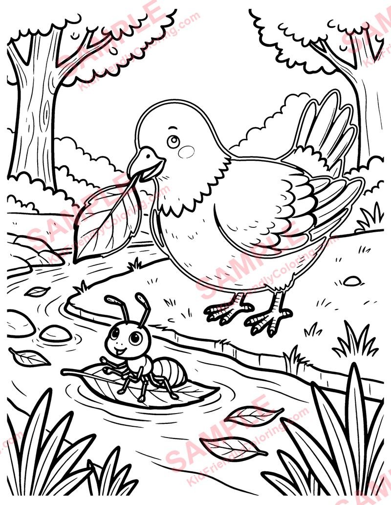 The Ant and the Dove coloring page preview