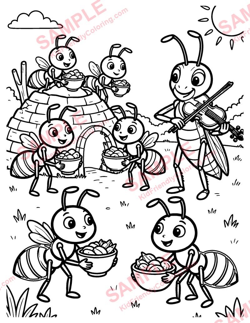 The Ant and the Grasshopper coloring page preview
