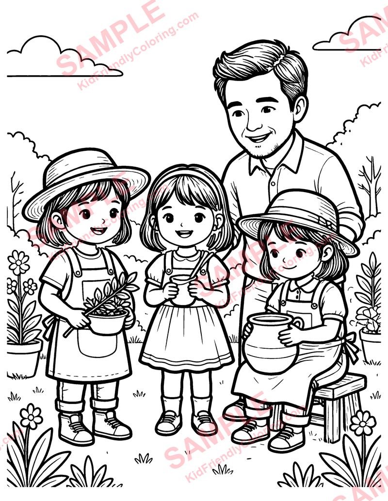 The Father and His Daughters coloring page preview