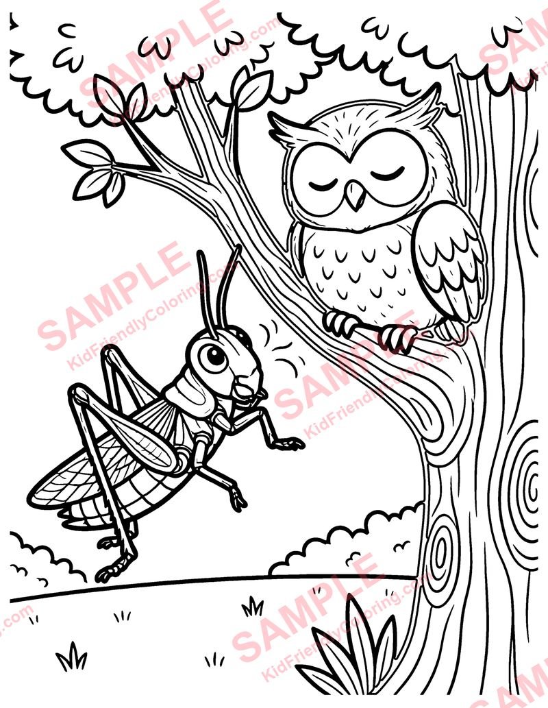 The Grasshopper and the Owl coloring page preview