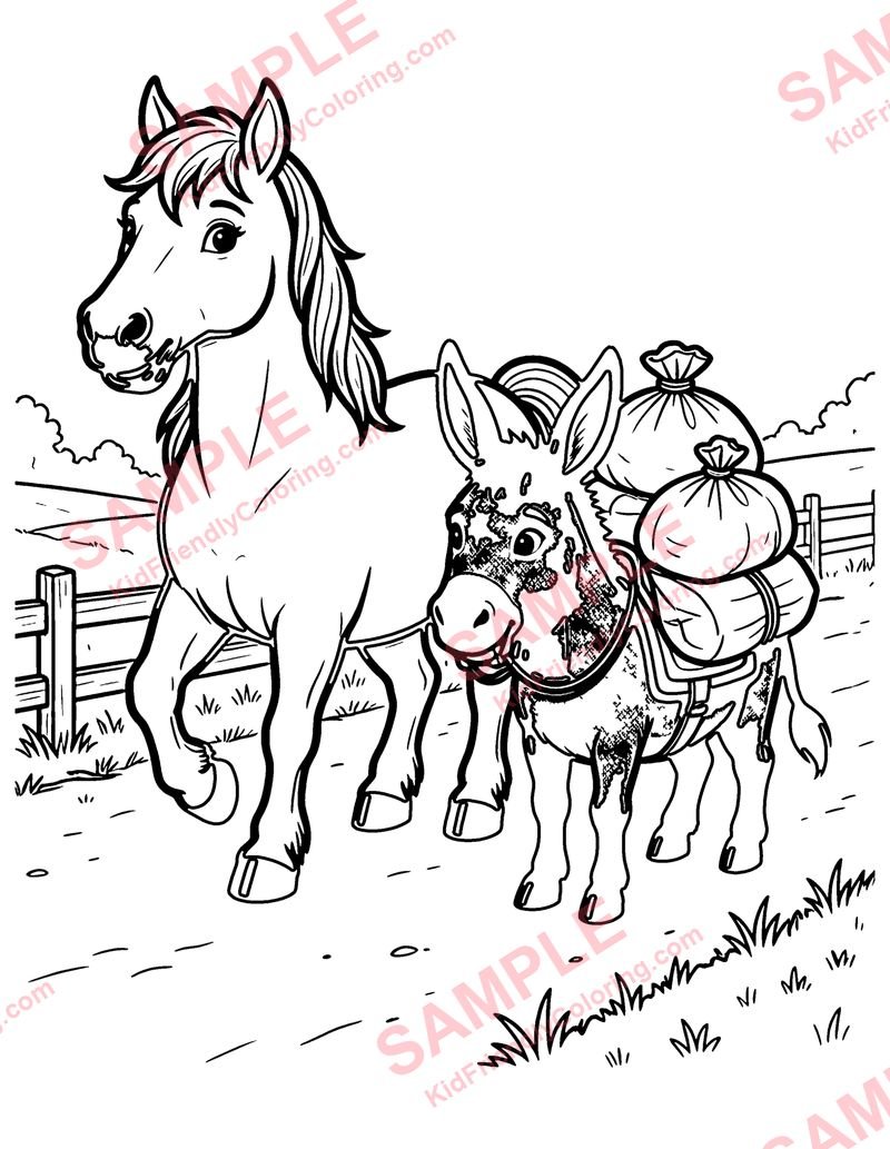 The Horse and the Donkey coloring page preview