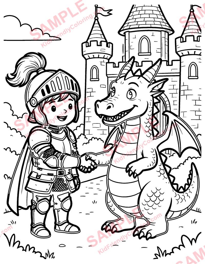 The Knight and the Dragon coloring page preview
