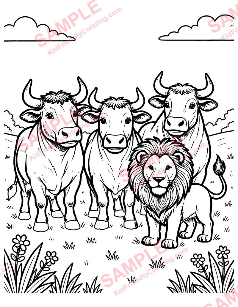 The Lion and the Three Bulls coloring page preview