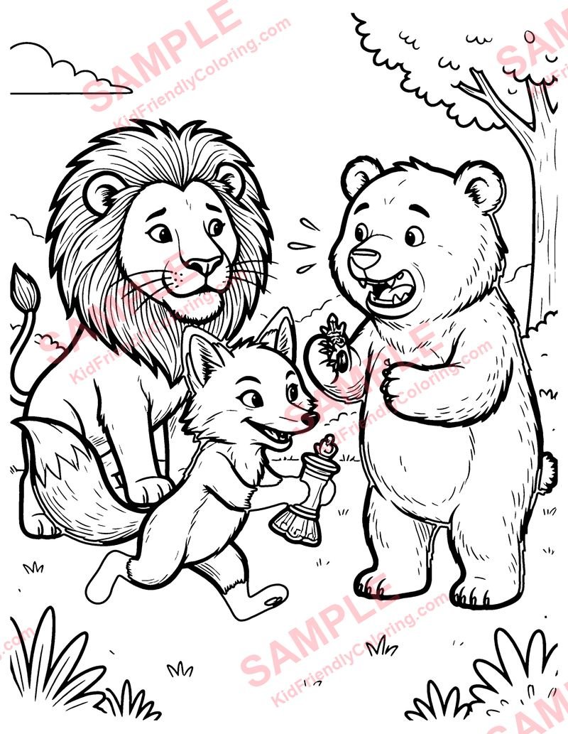 The Lion, the Bear and the Fox coloring page preview