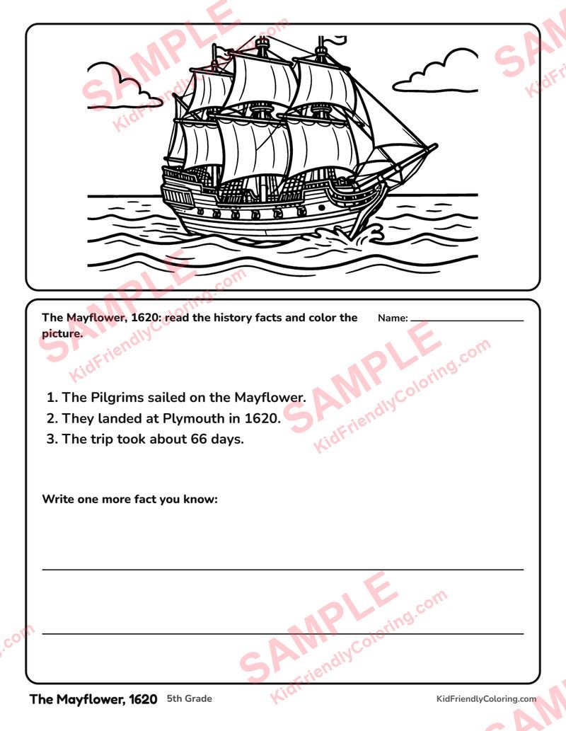 The Mayflower, 1620 coloring page preview