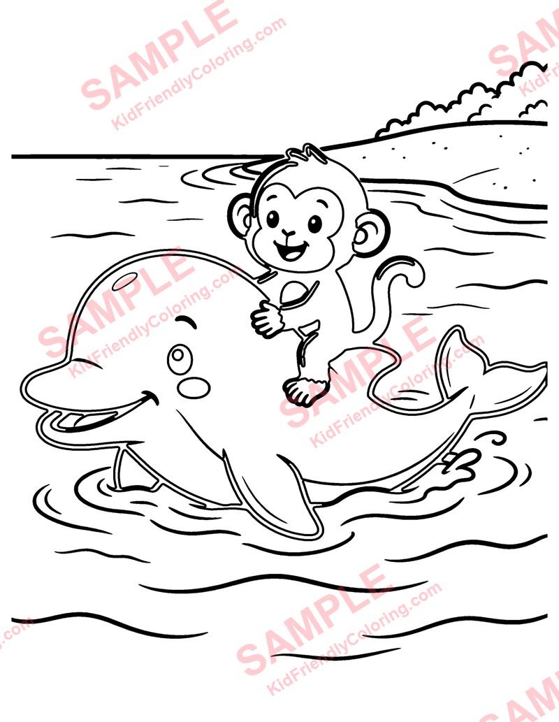The Monkey and the Dolphin coloring page preview
